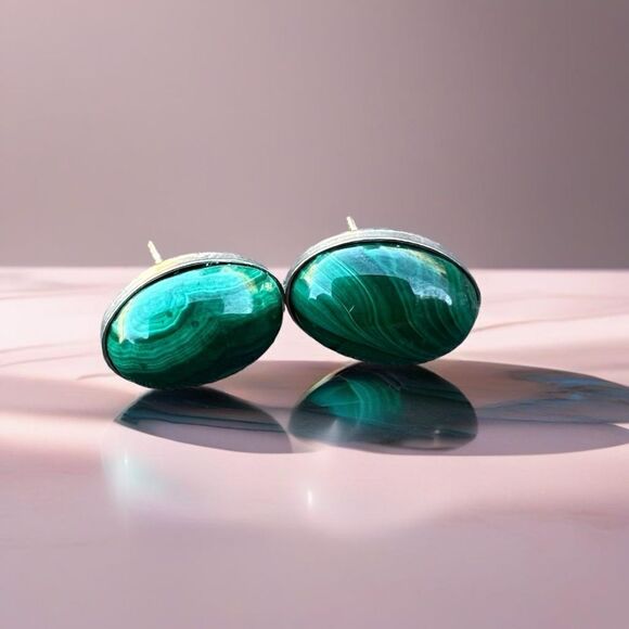 Malachite Oval Cabochon Earrings - Picture 3 of 5